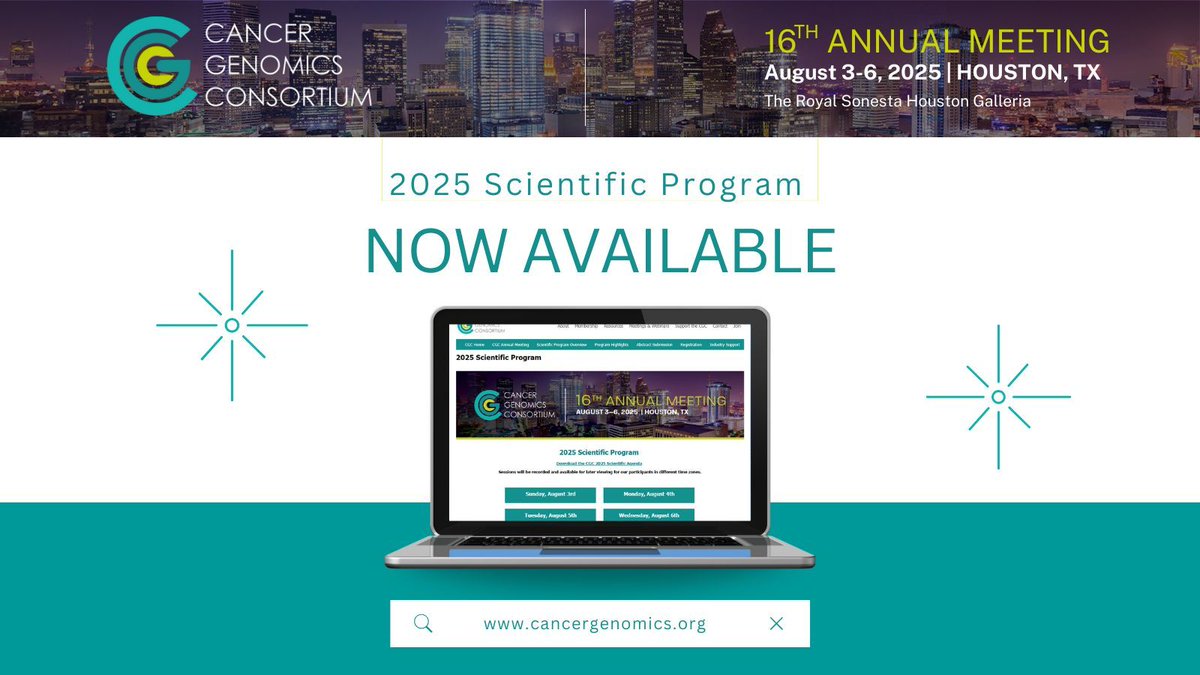 The CGC 2025 Scientific Program is now available online! Explore the program by clicking here: buff.ly/eeuohRR 

#CGCAnnual2025 #genomics #cancer #research #genetics #clinicaltesting #bioinformatics #cytogenetics #molecular