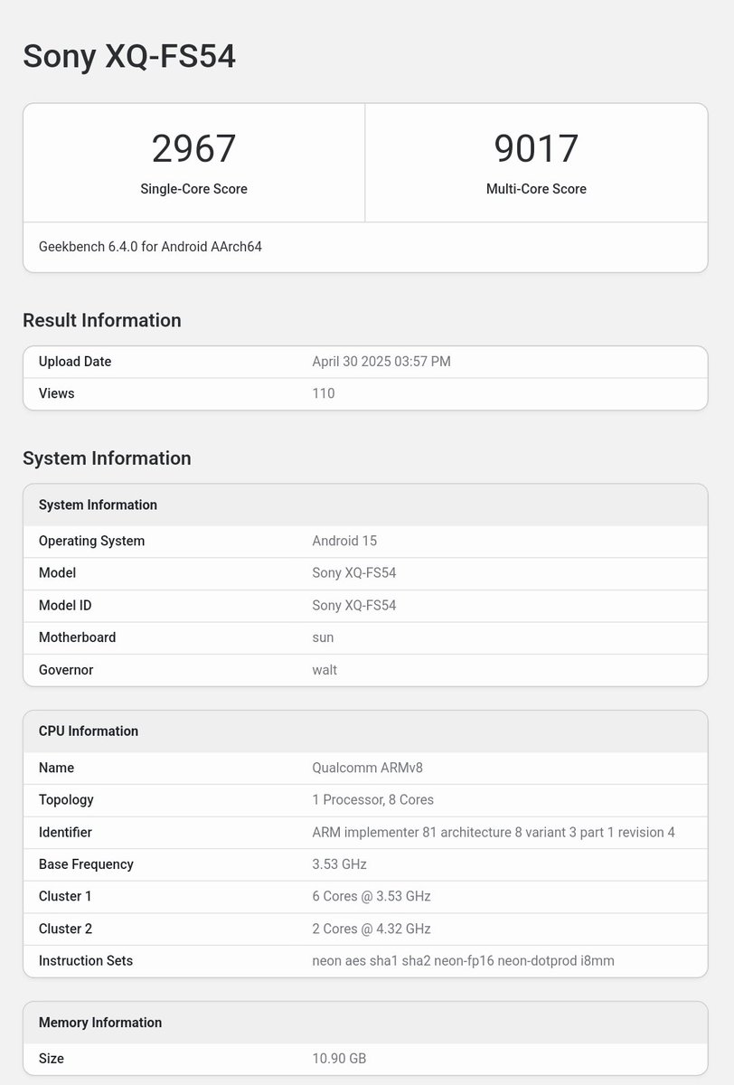vinishkeshri12's tweet image. Sony Xperia 1 VII spotted on Geekbench.

🦾 Snapdragon 8 Elite
🍭 Android 15
💾 12GB RAM

Single-Core Score : 2900+
Multi-Core Score : 9000+
#Sony #SonyXperia1VII