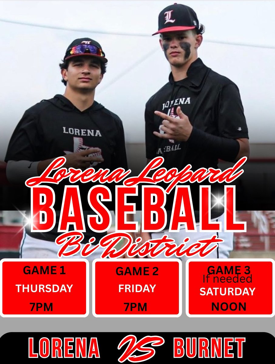 Big game tonight!!! First Bi-District game against Burnet. Make the drive and come support your Leopards!

Hutto HS - 7:00pm

<a href="/JaxB10LL/">Jaxon Blancett</a> <a href="/carrizalescj/">carrizalescj</a> <a href="/BradySmeds2/">Brady Smedshammer</a> <a href="/Lorena_Baseball/">Lorena HS Baseball</a> <a href="/Athletics_LISD/">Lorena ISD Athletics</a>