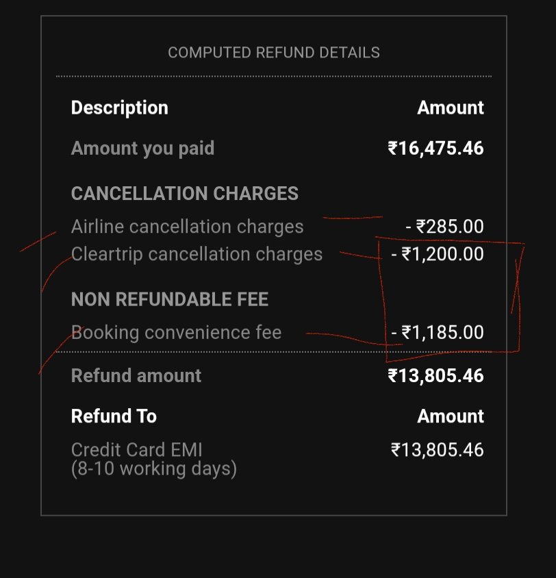sdixit110's tweet photo. Dear @Cleartrip @IndiGo6E @RamMNK @Ministry_CA 

The fair and cancellations should be regularised. @IndiGo6E deducted only 285 rs. While @Cleartrip deductions are baseless. These should be regularised. Citizens are being penalized unnecessary. 

#BoyCottClearTrip
#BoyCottCT https://t.co/FSGVBqE7of
