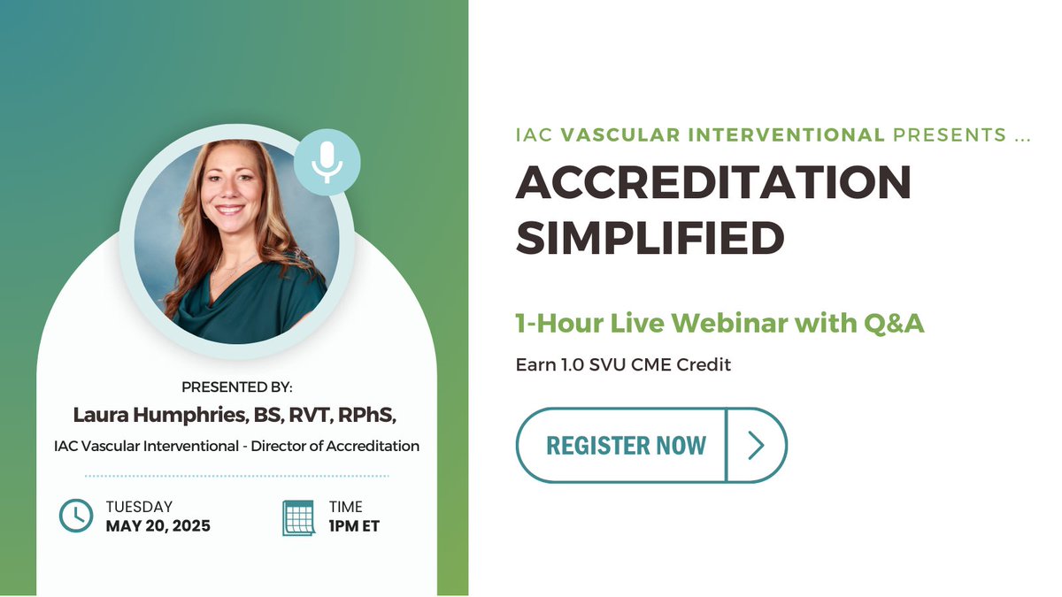 IAC | Intersocietal Accreditation Commission (@iacaccred) on Twitter photo There's still time to register! Join <a href="/laurahIAC/">Laura Humphries BS, RVT, RPhS</a> at 1PM ET on 5/20/25 for IAC Vascular Interventional: Accreditation Simplified. Registered participants earn 1.0 <a href="/svuinfo/">Society for Vascular Ultrasound</a> CME credit! Sign up >> intersocietal.org/webinars/vasc-… There's still time to register! Join <a href="/laurahIAC/">Laura Humphries BS, RVT, RPhS</a> at 1PM ET on 5/20/25 for IAC Vascular Interventional: Accreditation Simplified. Registered participants earn 1.0 <a href="/svuinfo/">Society for Vascular Ultrasound</a> CME credit! Sign up >> intersocietal.org/webinars/vasc-…