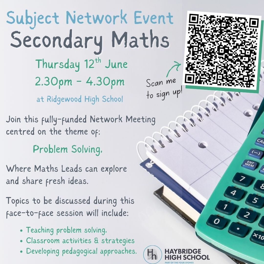 There's not much time left to sign up to this Subject Network Meeting.
Places are limited, so scan the QR code or follow the link: eu1.hubs.ly/H0jNkxZ0 for further details and to secure your spot.

#sandwell #dudley #secondaryteachers #secondarymaths #mathsleads #mathsteacher