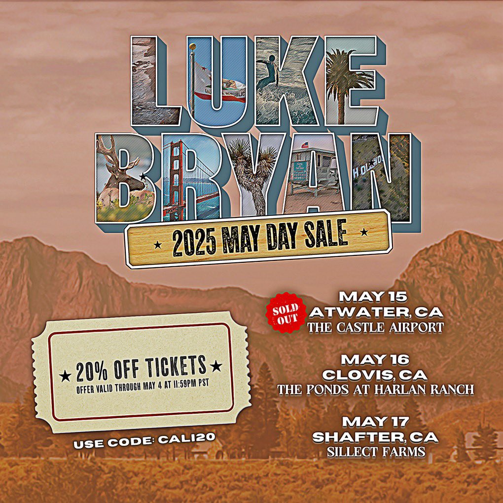 #FarmTour2025 in California is two weeks away! It’s your last chance to get discounted tickets before the shows. Use code CALI20 for 20% off this weekend: lukebryan.com/farm-tour-2025 
 
- Team Luke