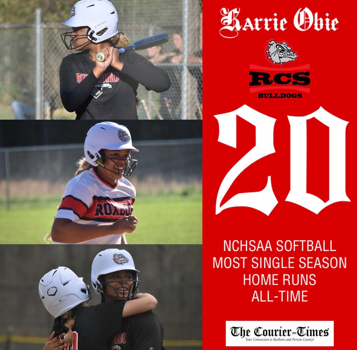 ICYMI last night, Roxboro Community School softball player Karrie Obie tied the <a href="/NCHSAA/">NCHSAA</a> single-season home run record with her 20th 💣 in a conference title clinching victory against Vance Charter.