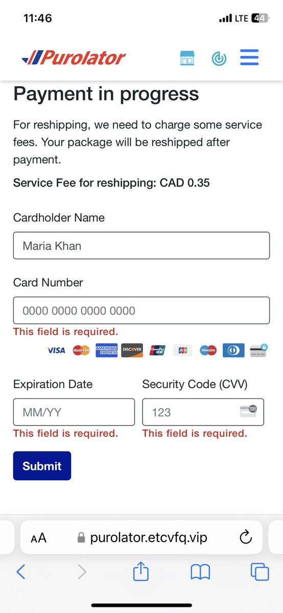 MariaSocially's tweet photo. @PurolatorHelp there was an issue with one of the packages being sent to me. I went to put in the reshipment info and it took me to this form. It’s not accepting my form of payment. What can I do? I only have one VISA card. https://t.co/CQIZWpaaqE