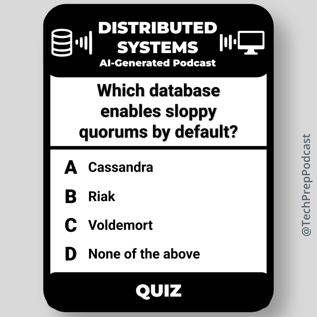 TechPrepPodcast's tweet image. Show off your expertise! Which DB is it? 👀

Let’s discuss in the replies.

Catch the deep dive &amp;amp; answer reveal in the Distributed System Interview Prep AI-Podcast episode: youtu.be/zgZXBoGY6C0

 #TechQuiz #SystemDesign #CareerGrowth #TechInterview #TechInterviewPrep