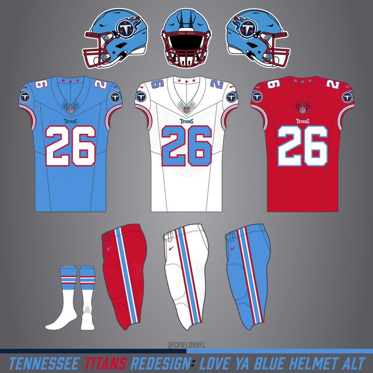 I had a lot of responses of “Less Navy, More red” to my <a href="/Titans/">Tennessee Titans</a> redesign. Ask and ye shall receive! MORE RED! I kept my major design elements the same. I also flipped the navy helmet to a Titans blue helmet.