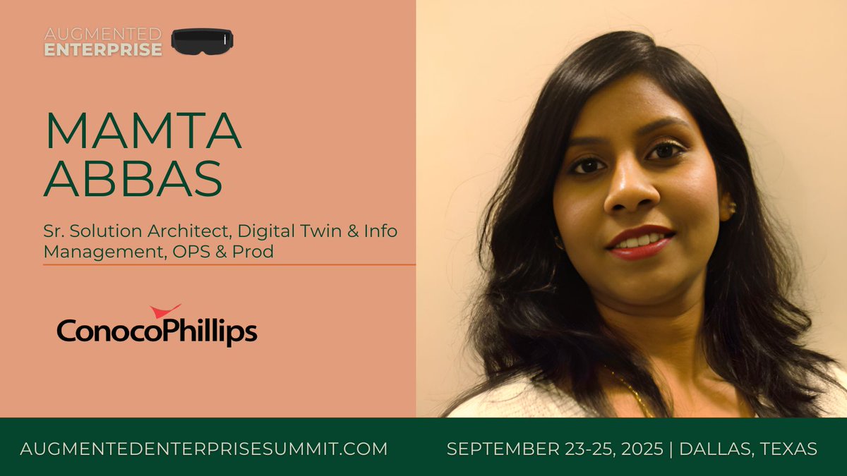 BrainXchange (@brainxchange) on Twitter photo Mamta Abbas has helped shape the vision, architecture, and implementation of the #DigitalTwin program at <a href="/conocophillips/">ConocoPhillips</a>. She'll share her work leading strategic expansion of #digitaltwins across multiple assets at #AugmentedEnterprise Sept 23-25. Learn more at Mamta Abbas has helped shape the vision, architecture, and implementation of the #DigitalTwin program at <a href="/conocophillips/">ConocoPhillips</a>. She'll share her work leading strategic expansion of #digitaltwins across multiple assets at #AugmentedEnterprise Sept 23-25. Learn more at