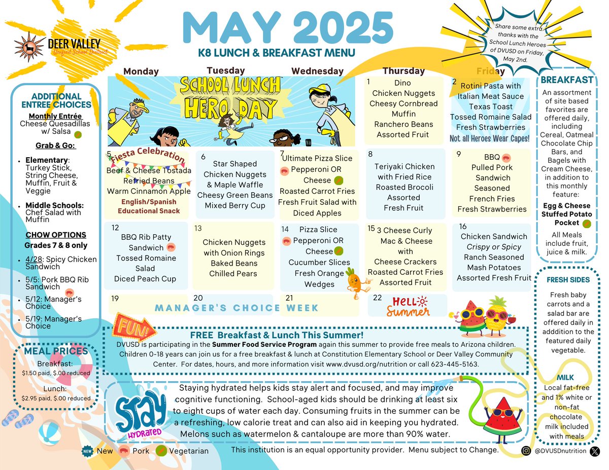 Hello, May!  The countdown to summer is on—fuel your days with fresh, healthy meal choices available now in your cafeteria. Let’s make this month delicious and nutritious! <a href="/DVUSD/">Deer Valley Unified School District</a>