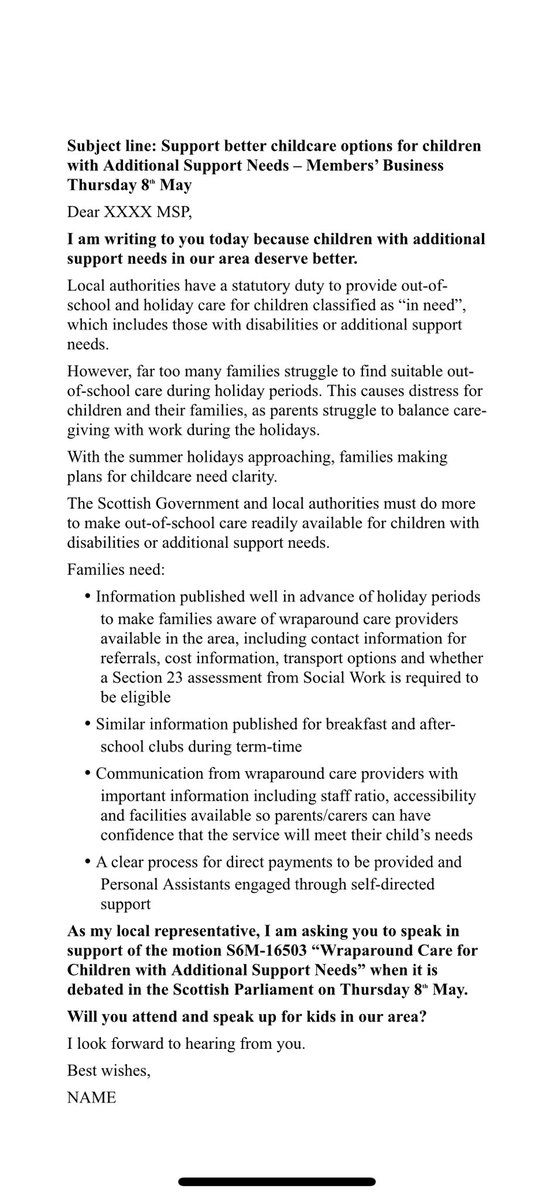 PAMIS (@pamis_scotland) on Twitter photo Have your say on childcare for kids with additional needs!
Michael Marra MSP leads a debate on wraparound care in <a href="/ScotParl/">Scottish Parliament</a> on Thurs 8 May.
Email your MSP—ask them to attend or speak.
DM us for a template letter. Let’s get this on the agenda. #ASN #ChildcareScotland
#Carers Have your say on childcare for kids with additional needs!
Michael Marra MSP leads a debate on wraparound care in <a href="/ScotParl/">Scottish Parliament</a> on Thurs 8 May.
Email your MSP—ask them to attend or speak.
DM us for a template letter. Let’s get this on the agenda. #ASN #ChildcareScotland
#Carers