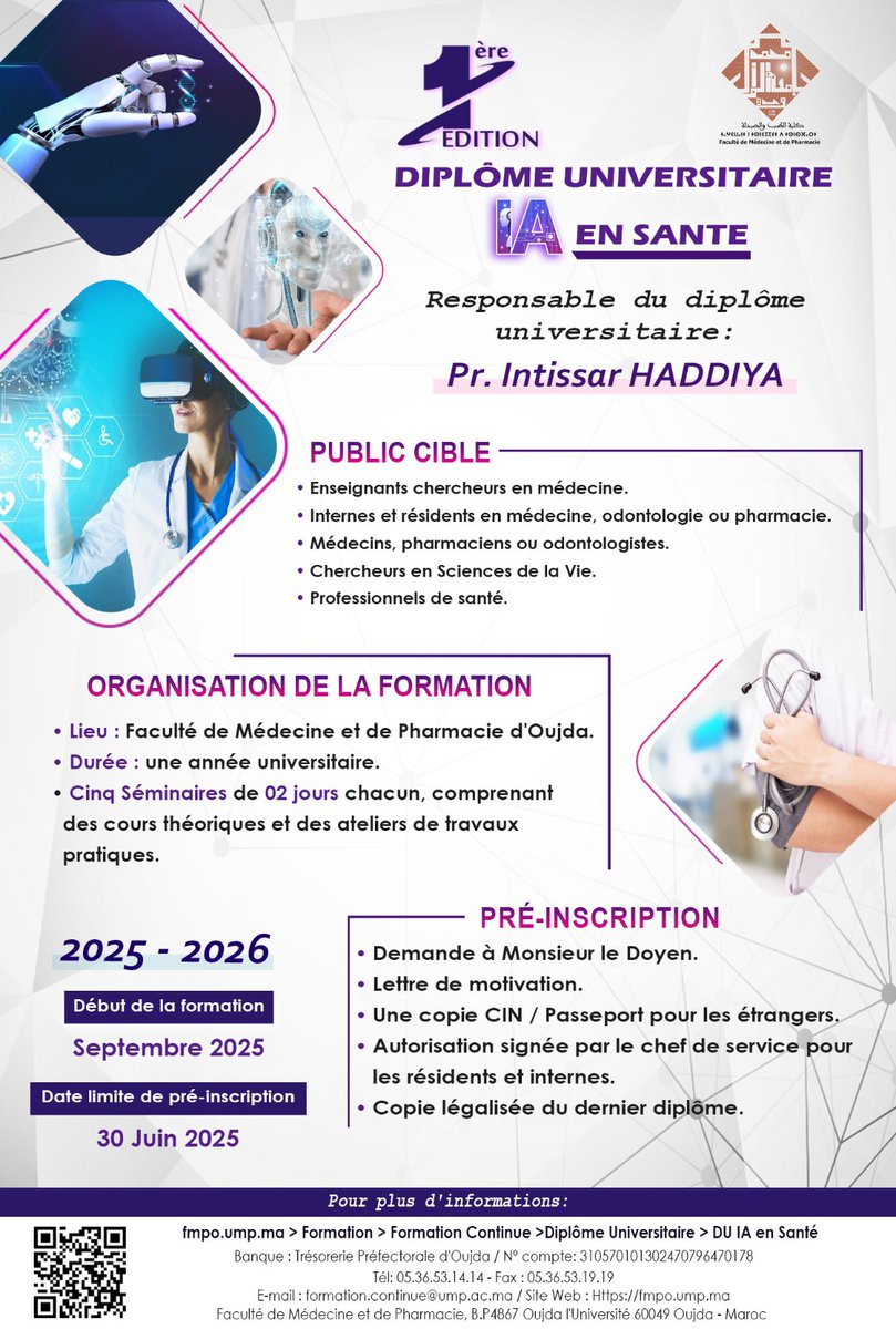 Intissar HADDIYA (@haddiyaintissar) on Twitter photo #Diplôme_Universitaire #IA en santé
J’ai le plaisir de vous annoncer le lancement de la 1ère édition du Diplôme Universitaire "IA en Santé", à notre Faculté de Médecine et de Pharmacie d’Oujda, que j’ai l’honneur de coordonner. <a href="/AfricanAFRAN/">African Association of Nephrology (AFRAN)</a> <a href="/ISNkidneycare/">Int Society of Nephrology</a> <a href="/ISNeducation/">ISN Education</a> <a href="/WHOAFRO/">WHO African Region</a> #Diplôme_Universitaire #IA en santé
J’ai le plaisir de vous annoncer le lancement de la 1ère édition du Diplôme Universitaire "IA en Santé", à notre Faculté de Médecine et de Pharmacie d’Oujda, que j’ai l’honneur de coordonner. <a href="/AfricanAFRAN/">African Association of Nephrology (AFRAN)</a> <a href="/ISNkidneycare/">Int Society of Nephrology</a> <a href="/ISNeducation/">ISN Education</a> <a href="/WHOAFRO/">WHO African Region</a>