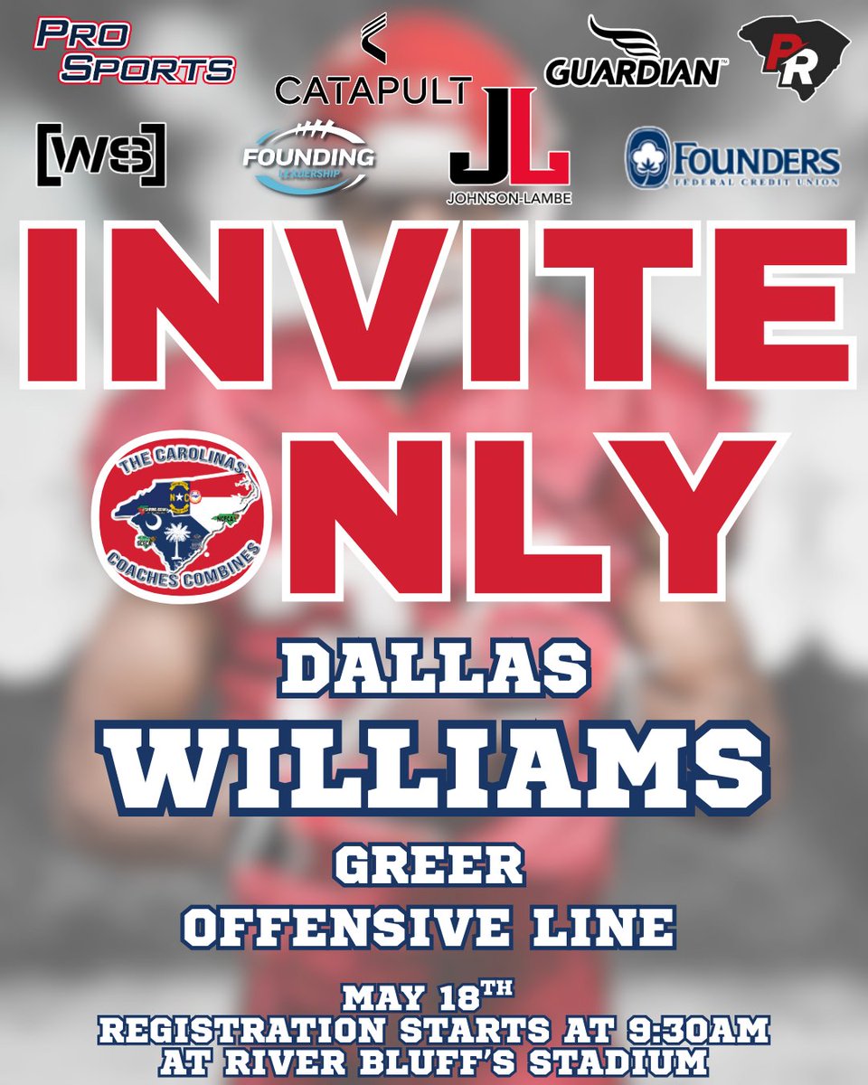 Carolinas Coaches Combine (@coachescombines) on Twitter photo Congratulations to Dallas Williams from <a href="/GreerRecruits/">Greer Football</a> for being selected to attend the Invite-Only Event on May 18 at River Bluff High School! Registration begins at 9:30 AM!
#CCC2025 @johnsonlambe <a href="/SCFCA1/">SCFCA</a> <a href="/dallaswill47951/">dallas williams</a> @coachyoung59 Congratulations to Dallas Williams from <a href="/GreerRecruits/">Greer Football</a> for being selected to attend the Invite-Only Event on May 18 at River Bluff High School! Registration begins at 9:30 AM!
#CCC2025 @johnsonlambe <a href="/SCFCA1/">SCFCA</a> <a href="/dallaswill47951/">dallas williams</a> @coachyoung59