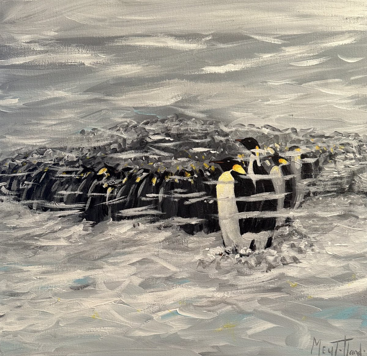 1.mai på lerretet.
Når stormen kjem, søkjer keisarpingvinane saman og skiftar på å stå ytst. Derfor overlever dei.
Dette er siste maleriet eg har att i denne serien:
marittotland.no