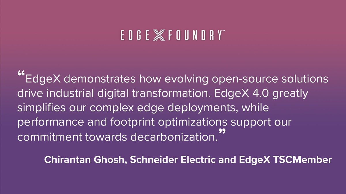 “EdgeX demonstrates how evolving #OpenSource solutions drive industrial #DigitalTransformation. #EdgeX 4.0 greatly simplifies our complex edge deployments.” — Chirantan Ghosh, <a href="/SchneiderElec/">Schneider Electric</a> &amp; #EdgeXTSC

👉 Read the latest <a href="/LF_Edge/">LF Edge</a> press release: loom.ly/wdFLyR4