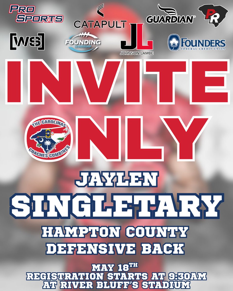 Congratulations to Jaylen Singletary from <a href="/HCHurricane_FB/">Hampton County High School Football</a> for being selected to attend the Invite-Only Event on May 18 at River Bluff High School! Registration begins at 9:30 AM! 

#CCC2025 @johnsonlambe <a href="/SCFCA1/">SCFCA</a> @JJaylen18 <a href="/coachrobhanna/">Rob Hanna</a>