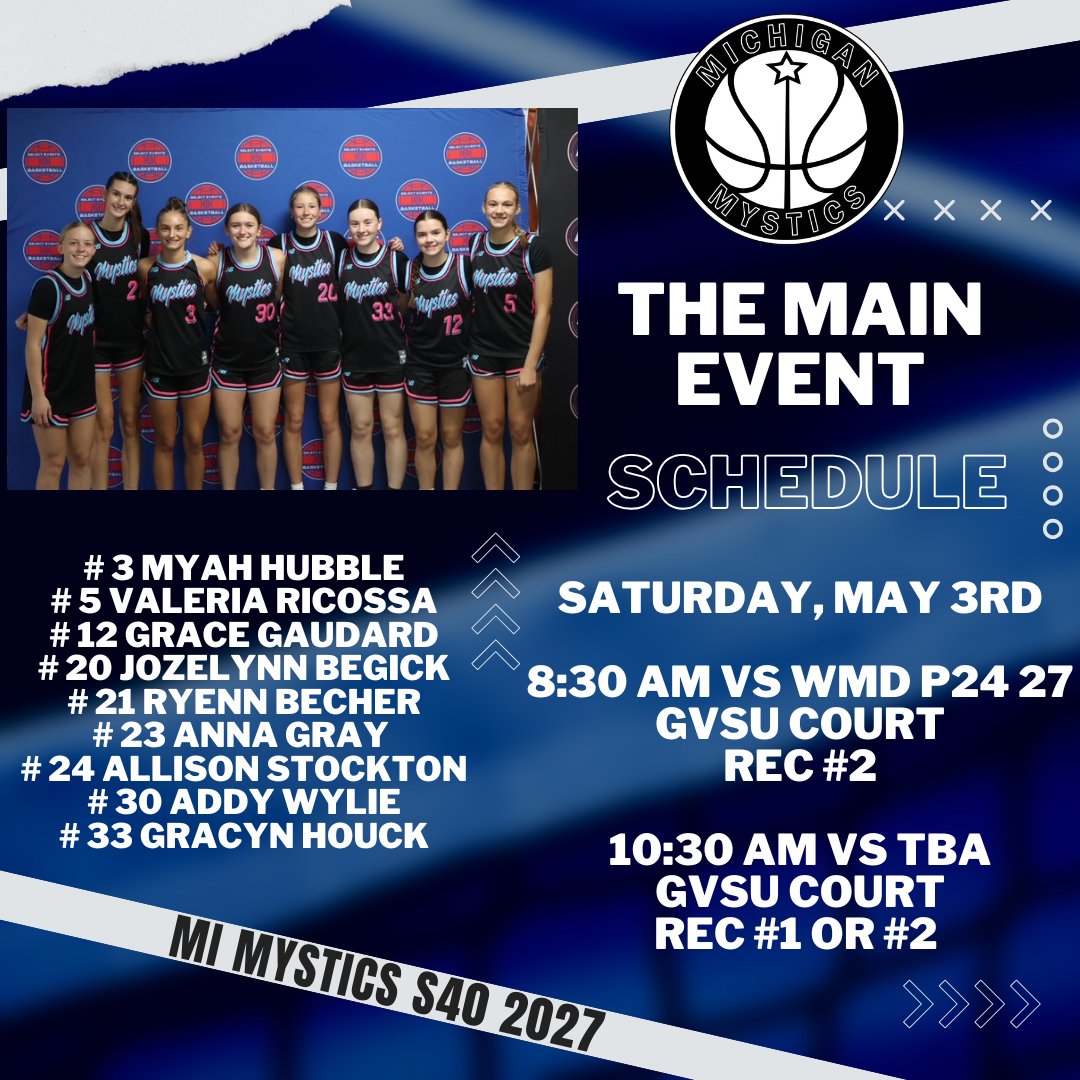 Michigan Mystics 2027 S40 (@2027mystics) on Twitter photo Headed to GR this weekend for The Main Event! Here is our Saturday schedule, come check us out! <a href="/MImystics/">Michigan Mystics</a> Headed to GR this weekend for The Main Event! Here is our Saturday schedule, come check us out! <a href="/MImystics/">Michigan Mystics</a>