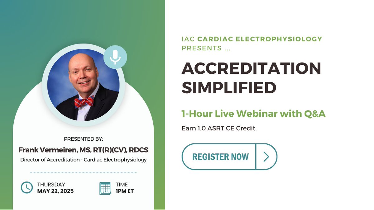 Cardiac EP Labs! Join <a href="/IAC_Frank/">Frank Vermeiren</a> at 1PM ET on Thursday, 5/22/25 for IAC Cardiac Electrophysiology: Accreditation Simplified. Registered participants earn 1.0 <a href="/ASRT/">ASRT</a> CE credit! 
Sign up &gt;&gt; intersocietal.org/webinars/ep-we…