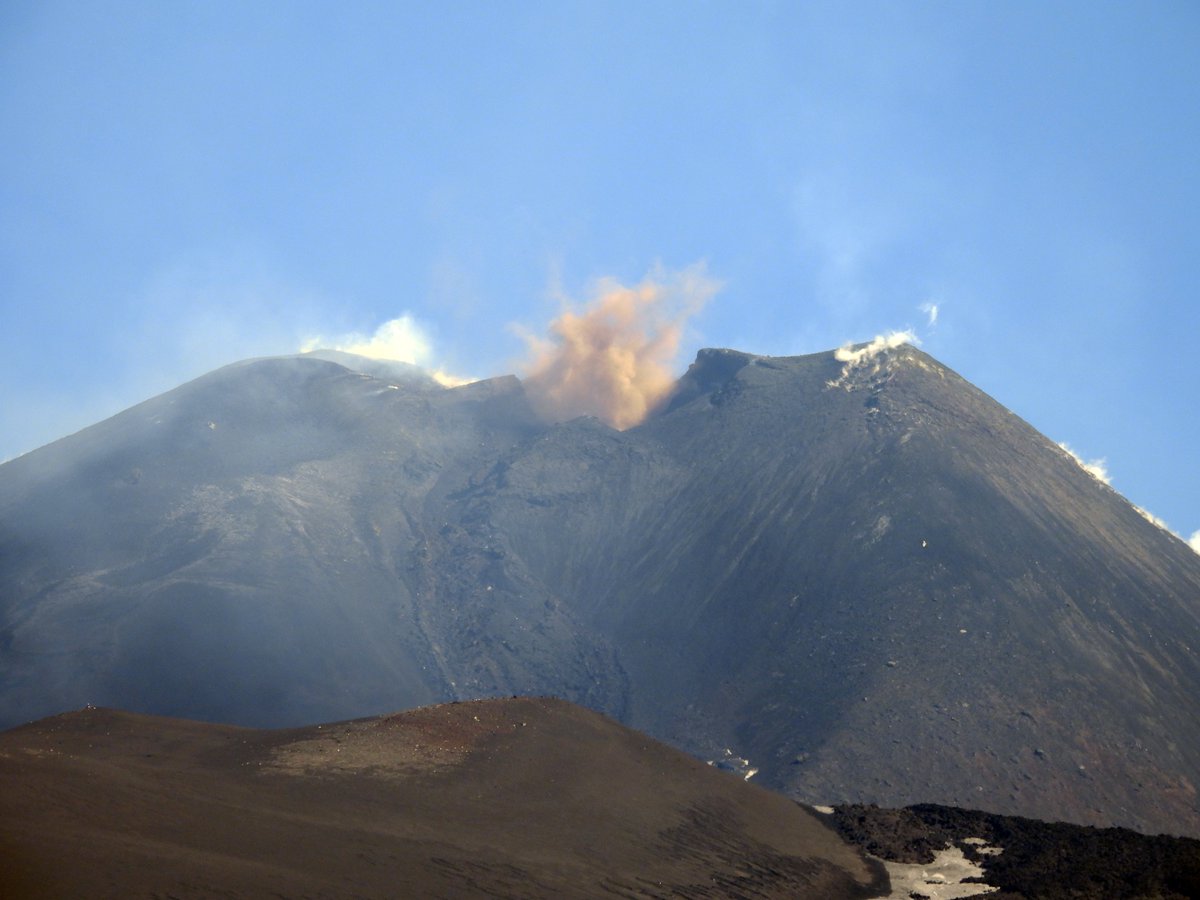 The ever-changing Southeast Crater on #Etna on the day after the latest activity, 1 May 2025. Minor collapse is occasionally occurring in one of the vents, producing small puffs of brownish ash. Seen from various points on the south flank