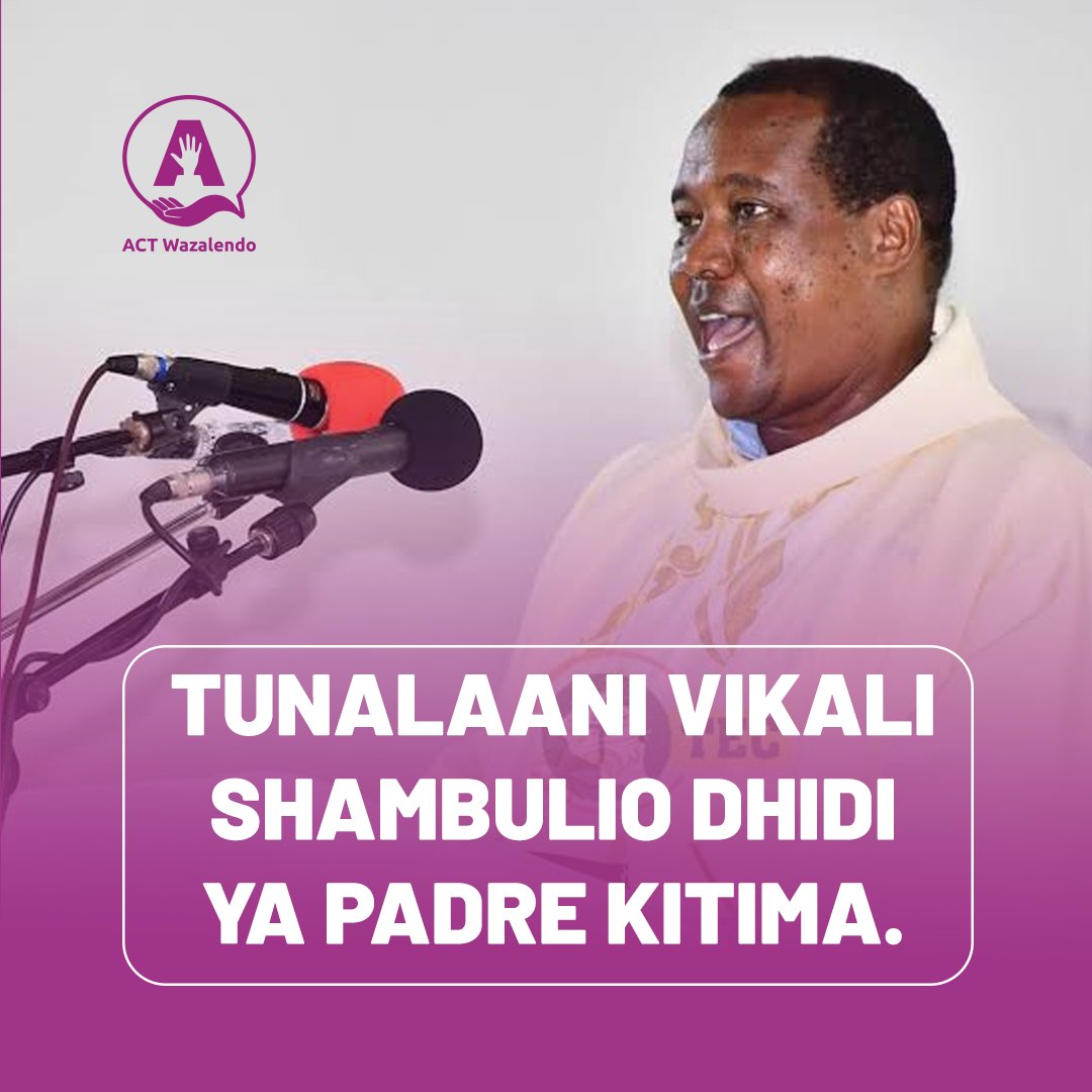Kassala (@vicent_kassala) on Twitter photo <a href="/TheCitizenTz/">The Citizen Tanzania</a> <a href="/ACTwazalendo/">ACTWazalendo</a> tunalaani vikali shambulio dhidi ya Padre Dr. Charles Kitima, Katibu Mkuu Mkuu wa Baraza la Maaskofu Katoliki nchini (TEC). Tunazitaka mamlaka husika zichukue hatua za haraka kukomesha matendo haya yasiyokubalika.
#TaifaLaWote #MaslahiYaWote <a href="/TheCitizenTz/">The Citizen Tanzania</a> <a href="/ACTwazalendo/">ACTWazalendo</a> tunalaani vikali shambulio dhidi ya Padre Dr. Charles Kitima, Katibu Mkuu Mkuu wa Baraza la Maaskofu Katoliki nchini (TEC). Tunazitaka mamlaka husika zichukue hatua za haraka kukomesha matendo haya yasiyokubalika.
#TaifaLaWote #MaslahiYaWote