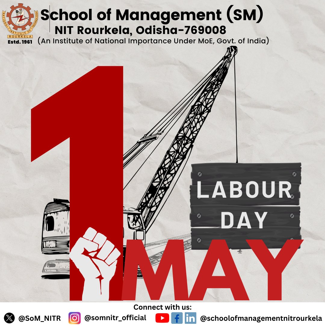 School of Management, NIT Rourkela (@som_nitr) on Twitter photo Celebrating the spirit of hard work and dedication this Labour Day. Thank you to every worker for your invaluable contributions to our society and economy.
#LabourDay2025 #WorkersRightsย #NITR #somnitr #mbainnitr Celebrating the spirit of hard work and dedication this Labour Day. Thank you to every worker for your invaluable contributions to our society and economy.
#LabourDay2025 #WorkersRightsย #NITR #somnitr #mbainnitr