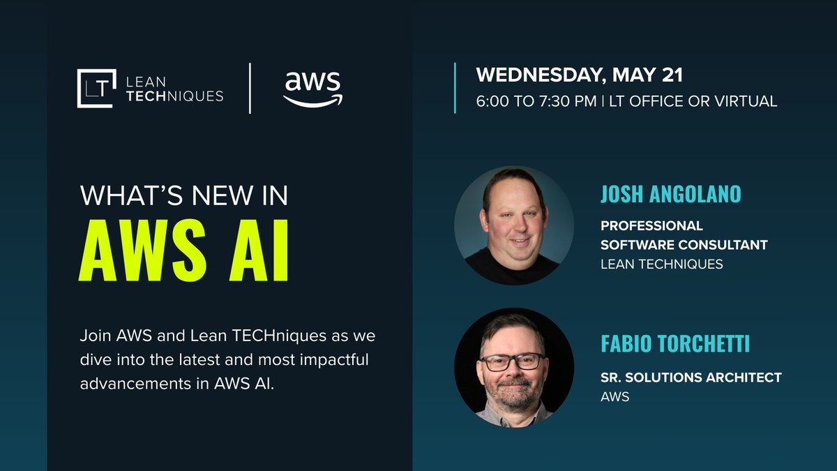 Join Lean TECHniques and Amazon Web Services (AWS) for a hybrid event on the latest in AWS AI. You’ll get hands-on exposure through live demos of Bedrock and Agents in action.

Register to join: hubs.li/Q03kjMtP0