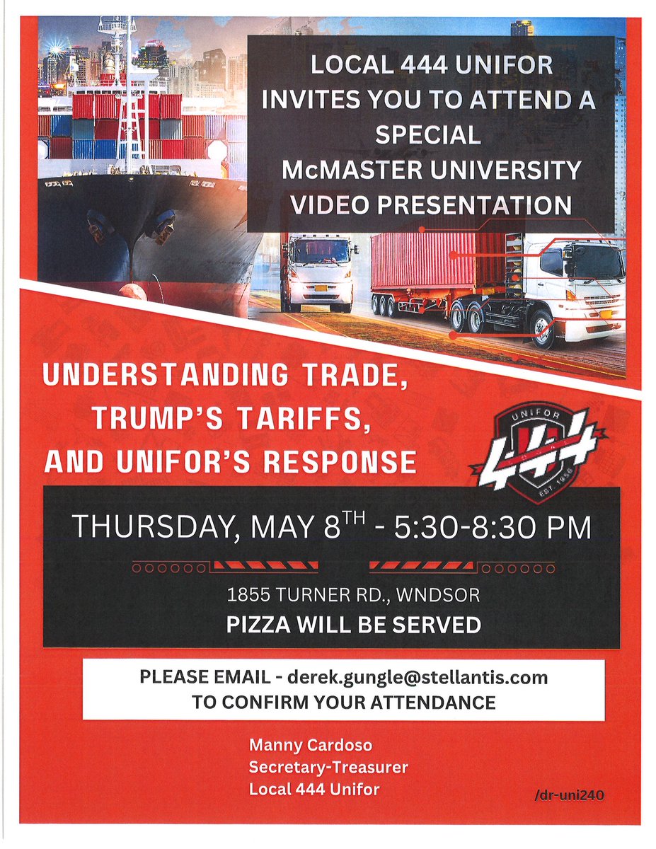 Local 444 Unifor (@local444unifor) on Twitter photo Knowledge is power. Join us Thurs, May 8 (5:30â8:30PM) at 1855 Turner Rd. for a McMaster video presentation on trade, Trumpâs tariffs & Uniforâs response. Great info for reps & members alike. Pizza served! RSVP: derek.gungle@stellantis.com #Unifor444 Knowledge is power. Join us Thurs, May 8 (5:30â8:30PM) at 1855 Turner Rd. for a McMaster video presentation on trade, Trumpâs tariffs & Uniforâs response. Great info for reps & members alike. Pizza served! RSVP: derek.gungle@stellantis.com #Unifor444