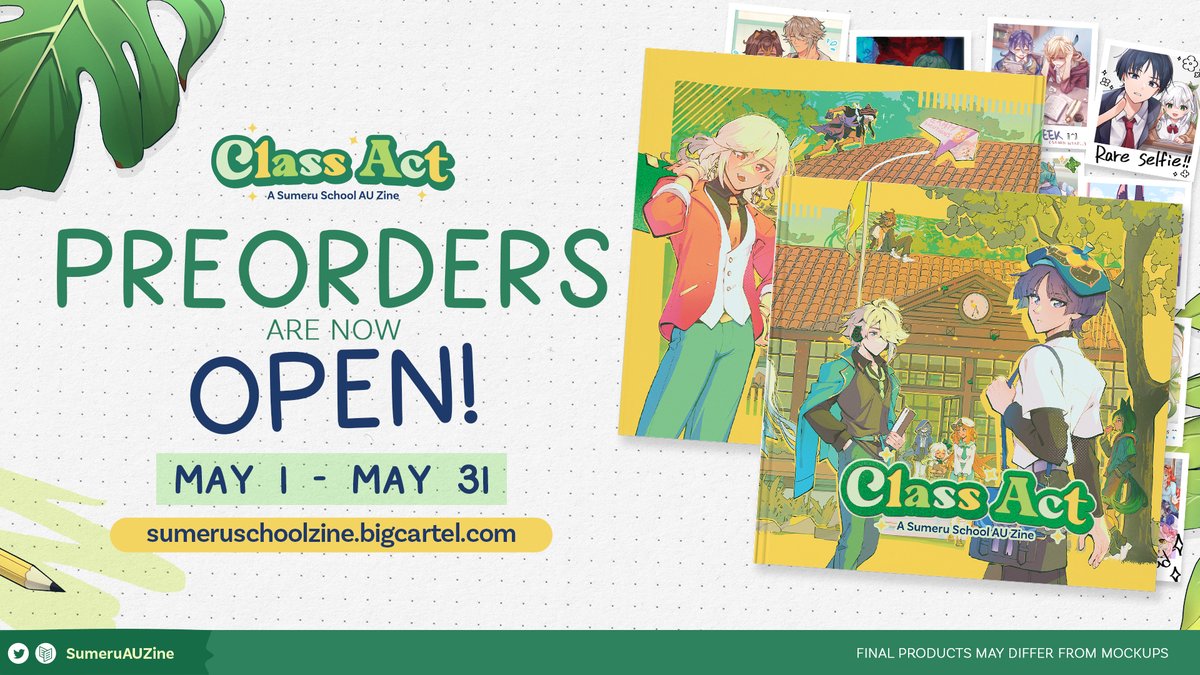 🌿Class Act: A #Sumeru School Zine✨
✏️PRE-ORDERS OPEN🎓

The school bell has sounded, your first period begins now! Join us at Sumeru Academy and experience a school year like no other! 🏫💚

📅May 1 - 31
sumeruschoolzine.bigcartel.com

🍃Cover by <a href="/Vel_kia/">BEBERT 🌈 Packing orders</a>
