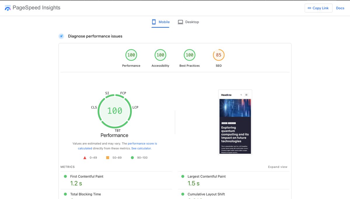 How fast are our Starter Sites? The GeneratePress Headline Starter Site gets great results upon installation with no optimization and no caching. The tested page includes 7 query loops, returning 30+ posts with featured images. (SEO score would improve with a Meta description and