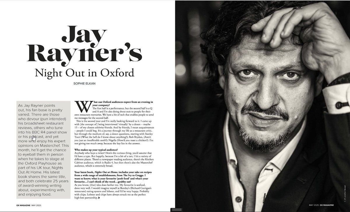 Jay Rayner (@jayrayner1) on Twitter photo Ahead of my show at the
<a href="/OxfordPlayhouse/">Oxford Playhouse</a> next week, I was grilled to a turn by
<a href="/sophieelkan/">Sophie Elkan</a> for <a href="/ox_magazine/">OX Magazine</a>. Tickets for the show via the Linktree in bio.
library.myebook.com/Quattro/ox-mag… Ahead of my show at the
<a href="/OxfordPlayhouse/">Oxford Playhouse</a> next week, I was grilled to a turn by
<a href="/sophieelkan/">Sophie Elkan</a> for <a href="/ox_magazine/">OX Magazine</a>. Tickets for the show via the Linktree in bio.
library.myebook.com/Quattro/ox-mag…