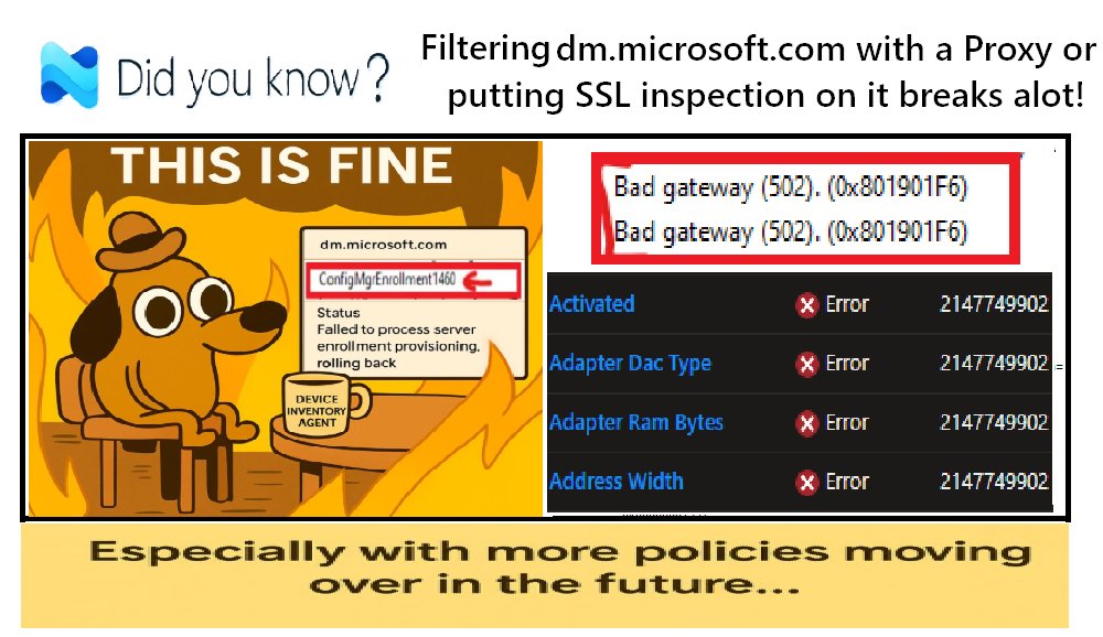 Mister_MDM's tweet image. Are you using SSL Inspection or a proxy to filter Intune traffic? If so... You might want to read this...

While troubleshooting a missing Device Inventory agent, I discovered that every single device had over 220 failed linked/dual enrollments.... which were also silently rolled…
