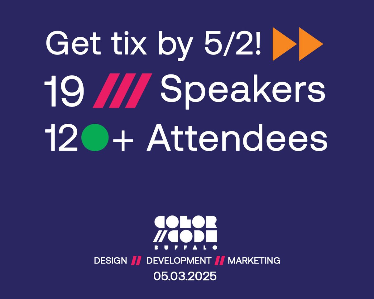 ColorCode Events (@colorcodeevents) on Twitter photo 48 hours left to get your last-chance ticket to ColorCode: Buffalo on 5/3 at Seneca One!
120+ attendees, 19 incredibly smart and diverse speakers, 3 diverse tracks!
Get your ticket before 5/2 at 5pm: colorcode.events/buffalo/
#buffalony #design #webdesign #wordpress #marketing 48 hours left to get your last-chance ticket to ColorCode: Buffalo on 5/3 at Seneca One!
120+ attendees, 19 incredibly smart and diverse speakers, 3 diverse tracks!
Get your ticket before 5/2 at 5pm: colorcode.events/buffalo/
#buffalony #design #webdesign #wordpress #marketing