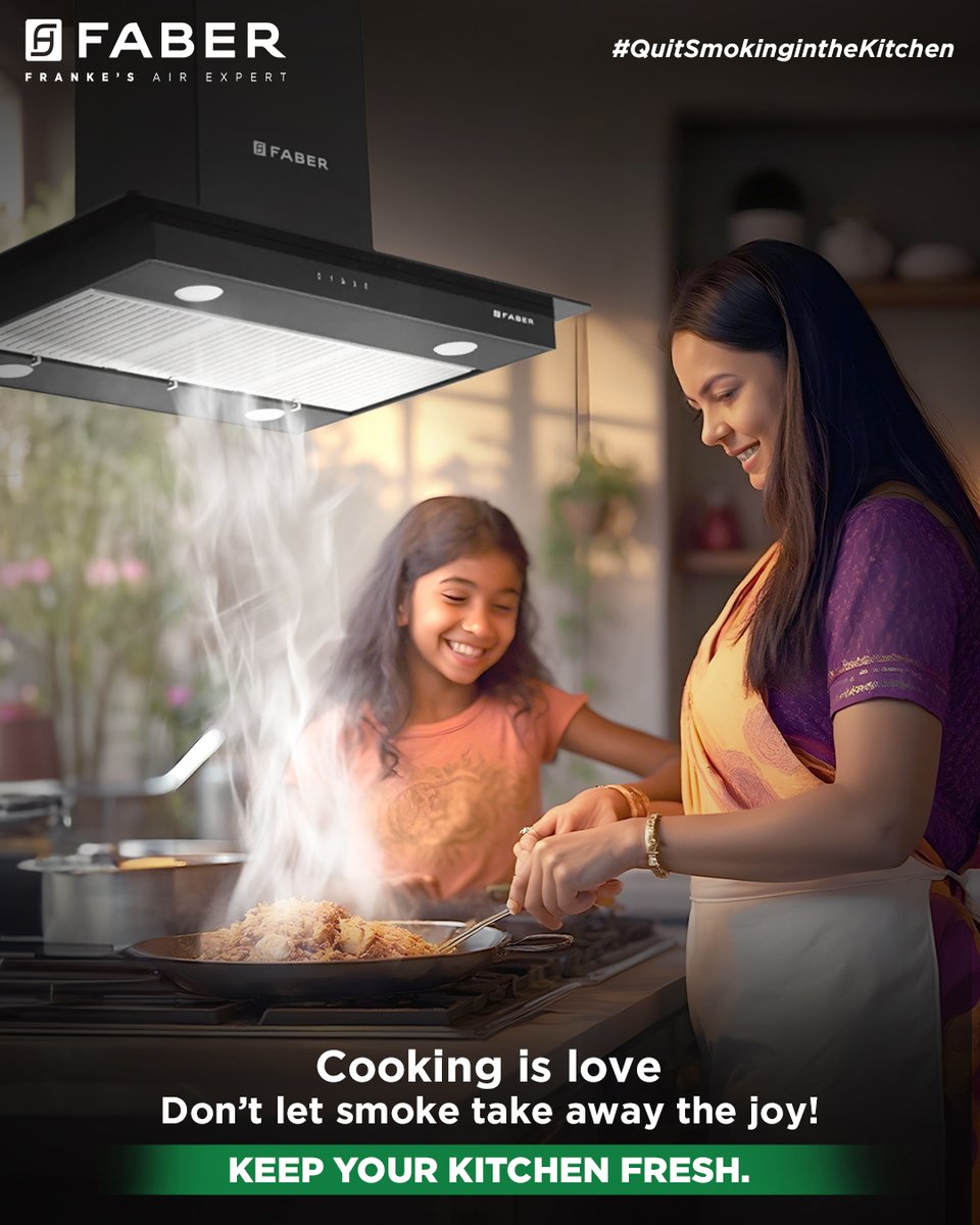 Cooking is an act of love, but the joy can quickly fade when your kitchen fills with smoke.

Don’t let the fumes steal the flavour of your moments. A fresh, clean kitchen isn’t a luxury, it’s a necessity.

With a Faber chimney, you can keep the air pure.

#QuitSmokingInTheKitchen