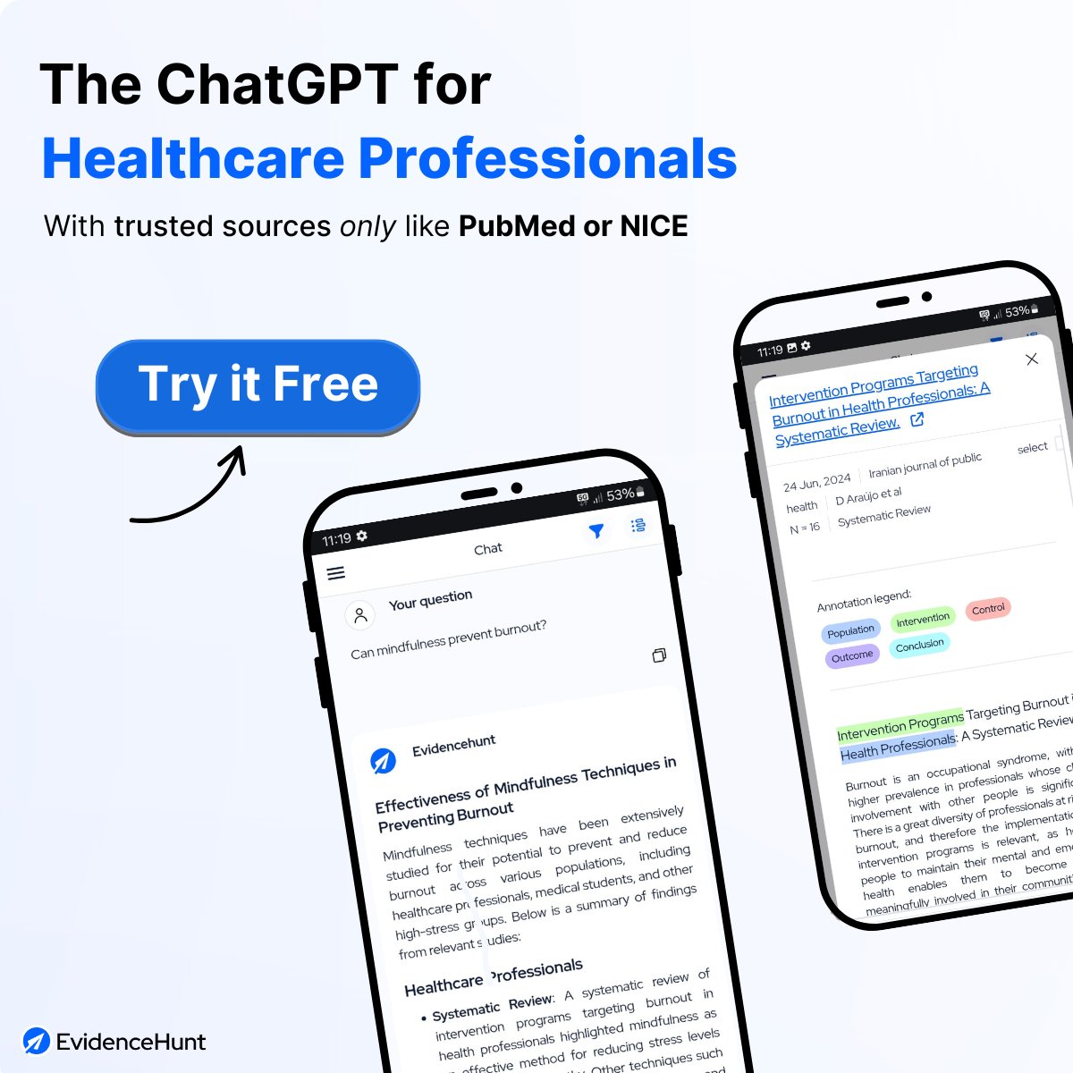 C𝐡𝐚𝐭𝐆𝐏𝐓 𝐦𝐚𝐤𝐞𝐬 𝐭𝐡𝐢𝐧𝐠𝐬 𝐮𝐩.
It hallucinates sources, citing studies that don’t exist.

𝐄𝐯𝐢𝐝𝐞𝐧𝐜𝐞𝐇𝐮𝐧𝐭 𝐝𝐨𝐞𝐬𝐧’𝐭.
It only cites answers from real sources — like PubMed, Guidelines or your own internal protocols.

👉 Try it for free, and get