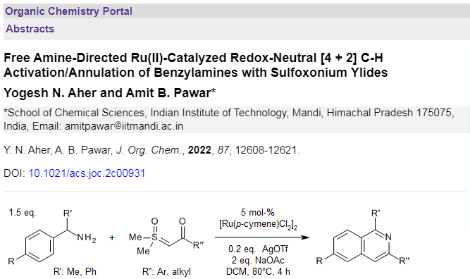 organic-chemistry.org/abstracts/lit8…
A Ru(II)-catalyzed C-H functionalization/annulation of primary benzylamines with sulfoxonium ylides