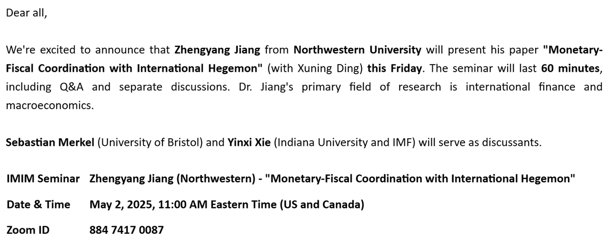 Look forward to the IMIM online seminar tomorrow! I'll be talking about monetary-fiscal coordination with international hegemon.

sites.google.com/view/imimsemin…
