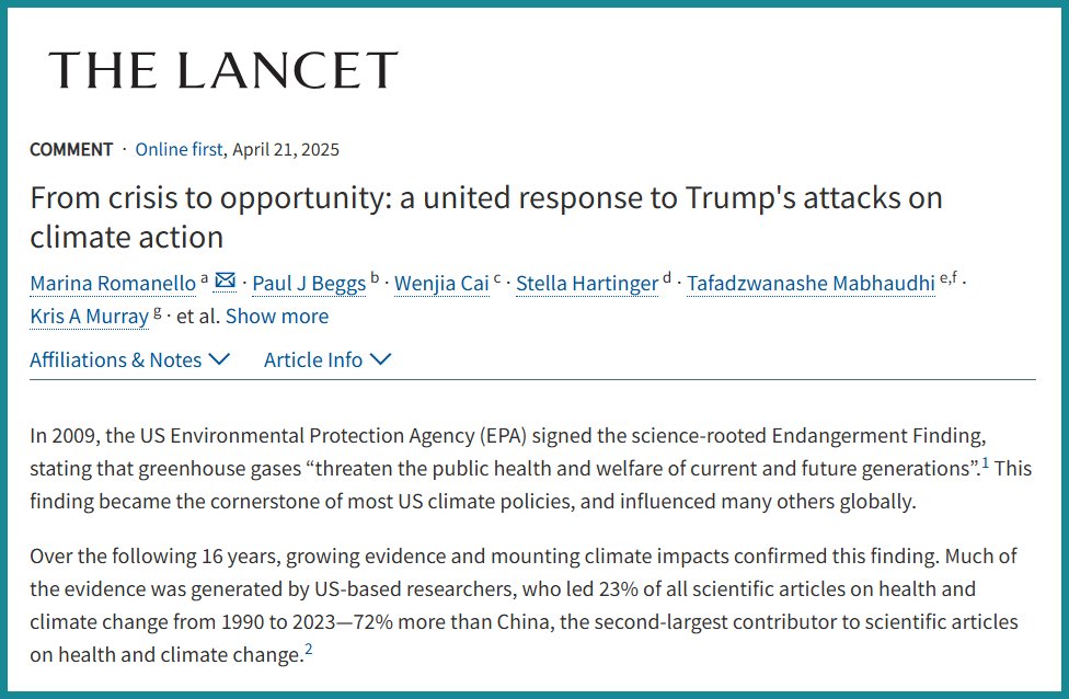 The Lancet Countdown on Health and Climate Change (@lancetcountdown) on Twitter photo 🚨 New <a href="/TheLancet/">The Lancet</a> commentary warns that the US administration's moves to dismantle climate action are endangering decades of progress.
What must we do now?
🔎 Advance climate science
🤝 Promote knowledge sharing
🌎 Strengthen international collaboration
thelancet.com/journals/lance… 🚨 New <a href="/TheLancet/">The Lancet</a> commentary warns that the US administration's moves to dismantle climate action are endangering decades of progress.
What must we do now?
🔎 Advance climate science
🤝 Promote knowledge sharing
🌎 Strengthen international collaboration
thelancet.com/journals/lance…