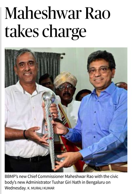 mohan_author's tweet photo. Senior IAS officer Maheshwar Rao takes charge as Chief Commissioner of the BBMP as #BBMPCOMM, as the civic body undergoes a major restructuring.
See the Silver Gavel from colonial era? 👇
An Image worth a million words that depicts Power and ₹₹₹ behind it 😉 @ggganeshh https://t.co/FMjin91sCM