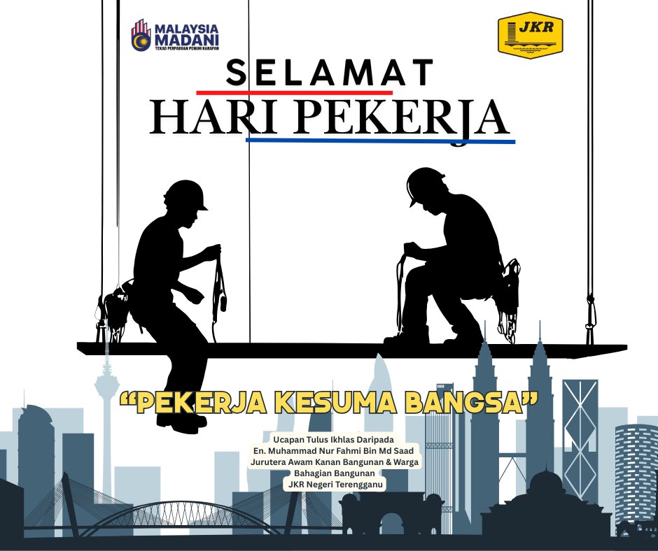 JKR Bangunan Terengganu (@jkrbangunantrg) on Twitter photo 1 MEI 2025 | KHAMIS :
Selamat Hari Pekerja 2025!
Bahagian Bangunan JKR Negeri Terengganu sentiasa menghargai dedikasi semua warga kerja yang menjadi tulang belakang pembangunan negara.
Semoga terus maju dan berbakti!
<a href="/JKRTerengganu/">JKR Terengganu</a> <a href="/HasliJKR/">Hasli Ibrahim (Ir. Dr.)</a> <a href="/MFahmi2nd/">Nur Fahmi</a> 1 MEI 2025 | KHAMIS :
Selamat Hari Pekerja 2025!
Bahagian Bangunan JKR Negeri Terengganu sentiasa menghargai dedikasi semua warga kerja yang menjadi tulang belakang pembangunan negara.
Semoga terus maju dan berbakti!
<a href="/JKRTerengganu/">JKR Terengganu</a> <a href="/HasliJKR/">Hasli Ibrahim (Ir. Dr.)</a> <a href="/MFahmi2nd/">Nur Fahmi</a>