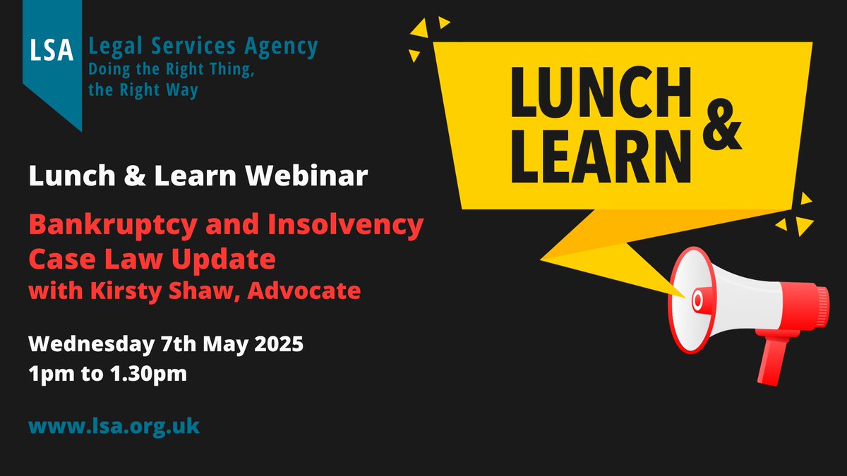 Legal Services Agency (@lsalawcentre) on Twitter photo βοΈ Insolvency Case Law Update β CPD Webinar
Join Kirsty Shaw, Advocate <a href="/AmpersandAdv/">Alan Moffat</a> for a 30-min Lunch & Learn on key 2024/25 cases.
π Wed 7 May | π 13:00 BST | πZoom | π 30min CPD
Sign up now! bit.ly/44iN685
#InsolvencyLaw #CPD #LegalUpdate #LSAwebinar βοΈ Insolvency Case Law Update β CPD Webinar
Join Kirsty Shaw, Advocate <a href="/AmpersandAdv/">Alan Moffat</a> for a 30-min Lunch & Learn on key 2024/25 cases.
π Wed 7 May | π 13:00 BST | πZoom | π 30min CPD
Sign up now! bit.ly/44iN685
#InsolvencyLaw #CPD #LegalUpdate #LSAwebinar