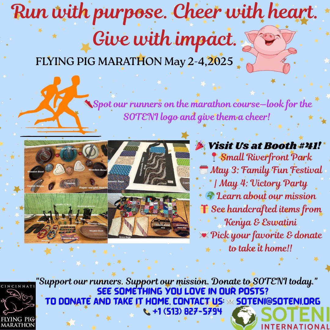 🐷 Catch Team SOTENI at Booth #41 during Flying Pig Weekend (May 2–4)!
🎉 May 3: Family Fun Festival
🎉 May 4: Victory Party at Smale Riverfront Park
🏃‍♀️ Cheer on our runners &amp; donate for handmade goods!
📧 soteni@soteni.org | 📞 (513) 827-5794