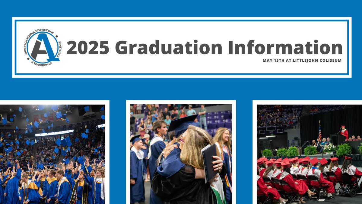 Graduation is two weeks away! 🎓

📆 Thursday, May 15th
📍 Littlejohn Coliseum

⏰ Times:

Powdersville High School at 9 a.m.
Palmetto High School at 12 p.m.
Wren High School at 3 p.m.

For livestream information, visit: anderson1.org/article/2174863