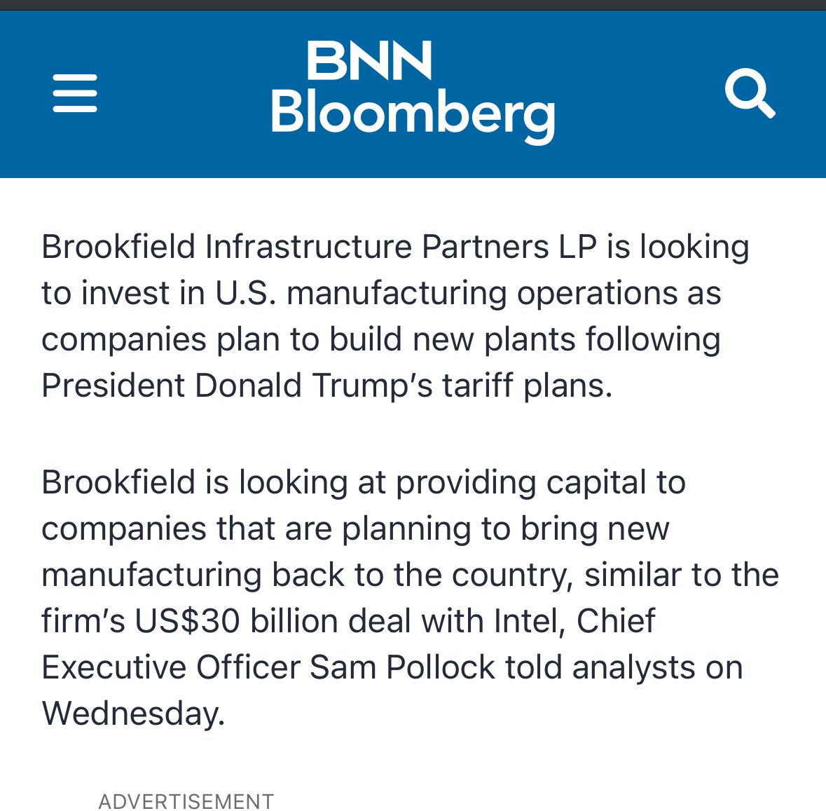 ryangerritsen's tweet photo. Mark Carney’s blind trust investment company Brookfield announced yesterday it plans on investing in U.S. manufacturing operations due to Trumps tariffs. Amazing how all of this is announced just days after Carney becomes PM. https://t.co/rRK93DirZ0