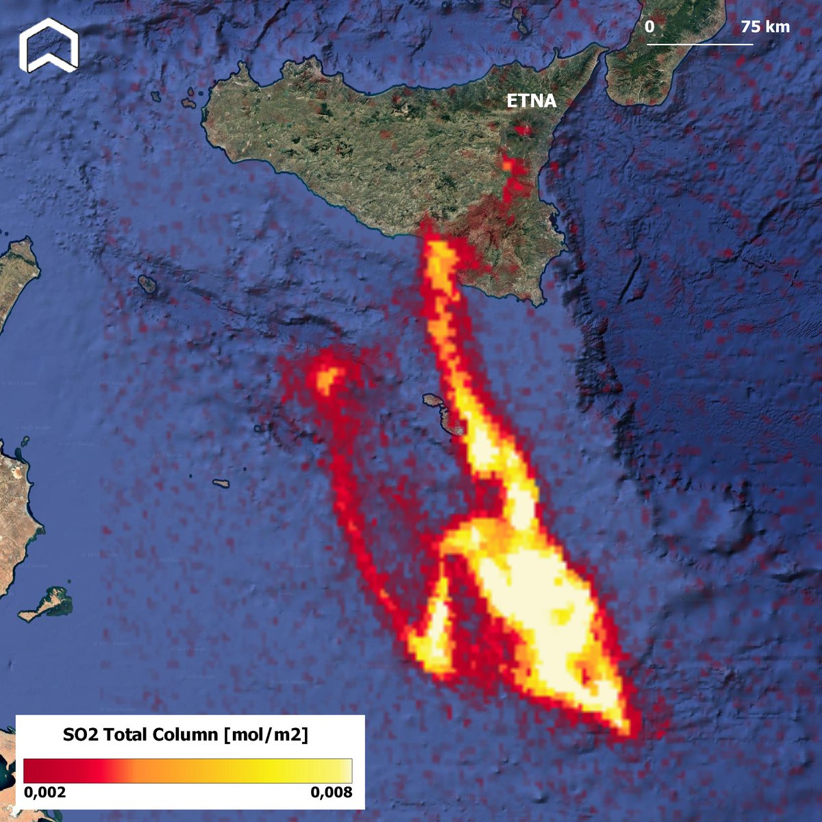 The latest eruptive episode of #Etna from space. 
The #Copernicus #Sentinel5p SO2 map collected on April 30th morning shows the long plume moving southward heading to Africa. #Sicily #airquality
Le emissioni dell'Etna viste ieri dal satellite. #Italy