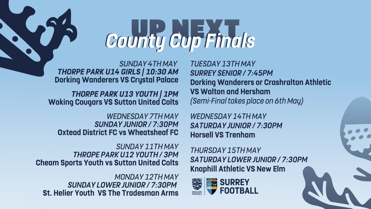 <a href="/DWFCWomen/">Dorking Wanderers Women</a>   🆚 <a href="/cpfc_w/">Crystal Palace F.C. Women</a> 

<a href="/WokingCougars/">Woking Cougars FC</a>   🆚 <a href="/SUFCJuniors/">SUFC Junior Section (boys)</a> 

<a href="/oxtedfc/">Oxted FC</a>   🆚

<a href="/cheam_fc/">Cheam Sports FC</a>   🆚 <a href="/TheSUFCYouth/">Sutton United Colts U16</a> 

St. Heilier Youth 🆚 The Tradesmen Arms

<a href="/DorkingWDRS/">Dorking Wanderers FC</a>   OR <a href="/CarshaltonA_FC/">Carshalton Athletic FC</a>   🆚 <a href="/waltonhershamfc/">Walton & Hersham FC</a> 

<a href="/Horsell_fc/">Horsell FC</a>   🆚 <a href="/Trenham_FC/">TrenhamFC</a> 

<a href="/KnaphillAFC/">Knaphill Athletic FC</a>   🆚 <a href="/newelmfc/">New Elm FC</a>