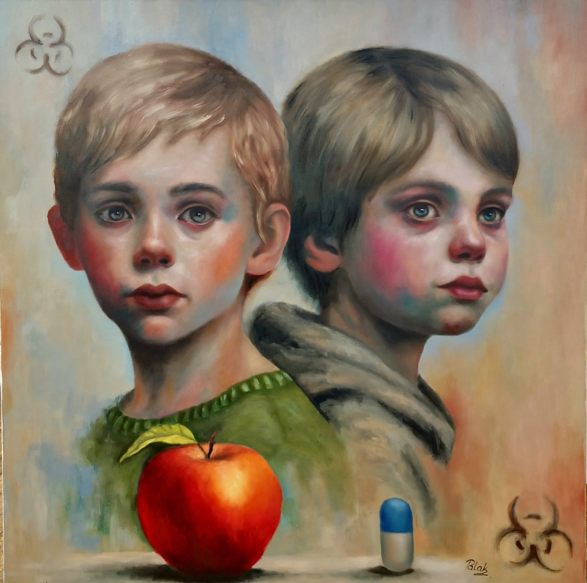 'Case Study: Childhood 2025'
This painting captures two solemn, doll-like children suspended in a clinical limbo caught between nature and medication, nurture and neglect. The apple, once a symbol of health and vitality, now sits as an ironic relic beside a pharmaceutical