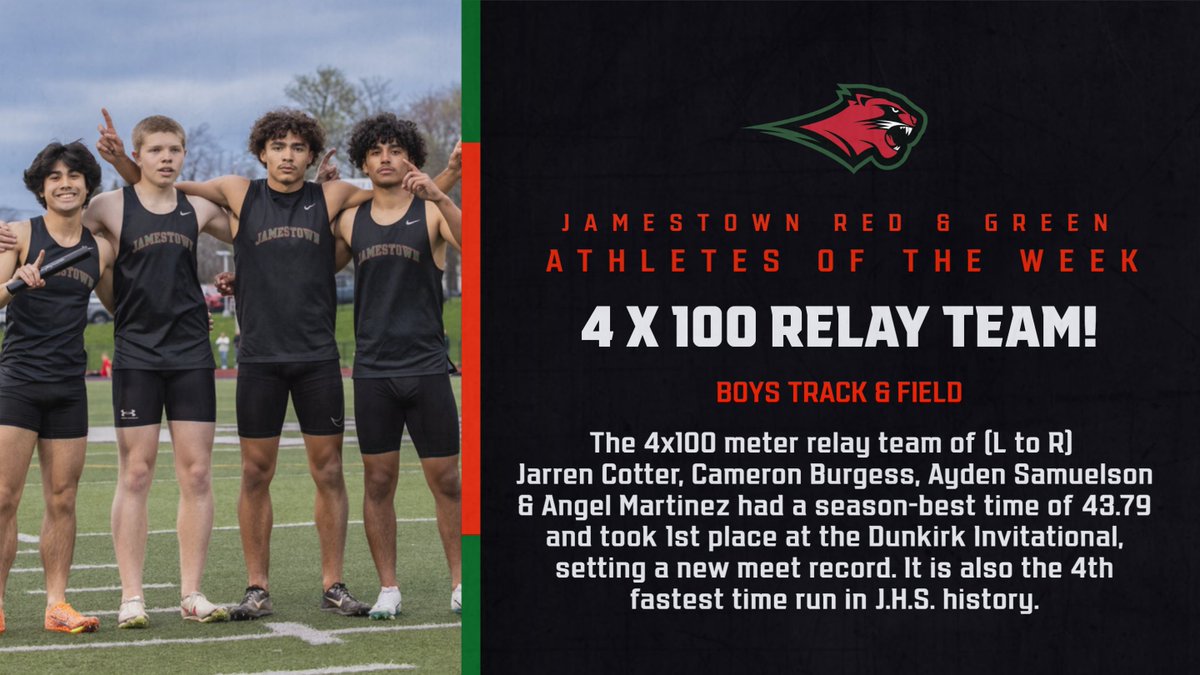 Congratulations the JHS Athletes of the Week: the JHS boys track 4 x 100 relay team!