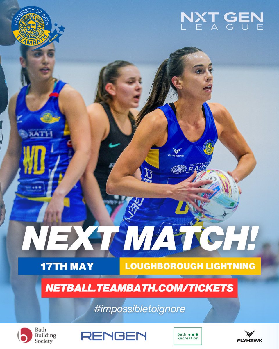 Team Bath Netball (@teambathnetball) on Twitter photo π¨ Tickets selling fast π¨
Team Bath are next in home action on the 17th May vs. <a href="/LboroLightning/">Loughborough Lightning Netball</a> at the Team Bath Arena!
Itβs going to be a BIG one and we only have 50 tickets remaining! ππ
π« β‘οΈ netball.teambath.com/tickets/
#impossibletoignore #blueandgold π¨ Tickets selling fast π¨
Team Bath are next in home action on the 17th May vs. <a href="/LboroLightning/">Loughborough Lightning Netball</a> at the Team Bath Arena!
Itβs going to be a BIG one and we only have 50 tickets remaining! ππ
π« β‘οΈ netball.teambath.com/tickets/
#impossibletoignore #blueandgold