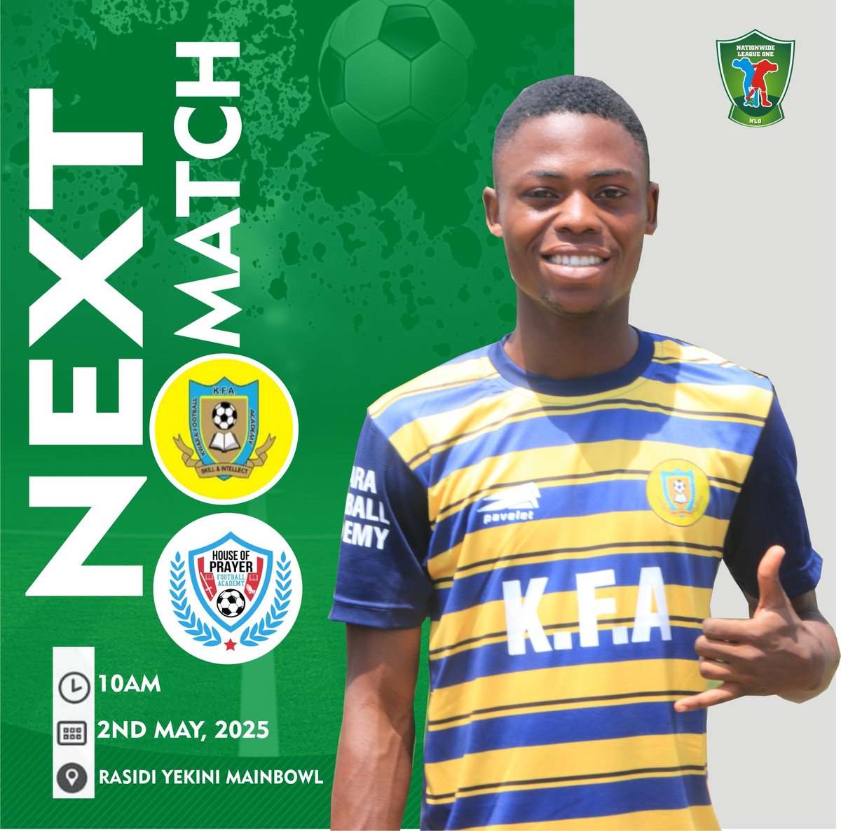 Next Match !

The dragons take on House of Prayer FC in the Week 4 of the Nationwide League One  2025 Season 

⚽️ KFA  🆚 House of Prayer 
🗓  Friday , 2nd May , 2025
⏱ 10:00 WAT
🏟  Rashidi Yekini Mainbowl  📍
🧿 Nationwide League One 

#WeAreKFA | #WeAreOne | #NLO25