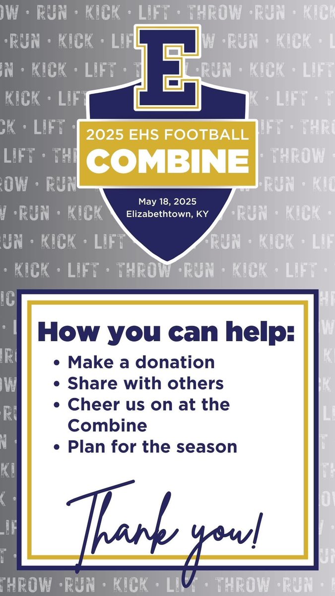 Today kicks off the 2025 EHS Football Combine! 

60+ Elizabethtown High School football players will be asking friends, family and community members for donations to support their participation in the Combine and the EHS Football. 

Thank you in advance for your generosity!