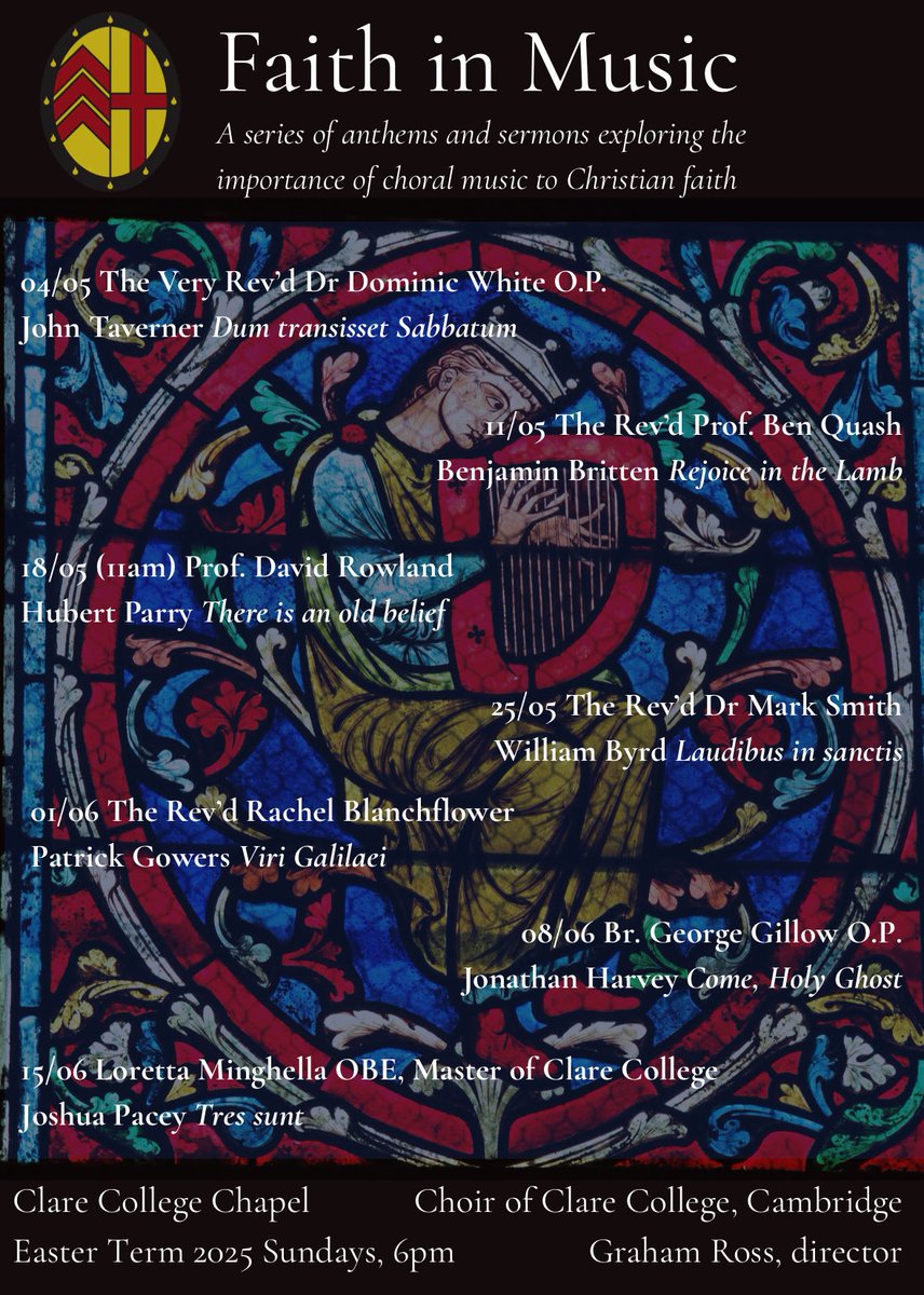Clare College Choir (@clarechoir) on Twitter photo Easter Term begins! Our Sunday series of anthems & sermons this term explores the importance of choral music to Christian faith. Join us in person @chapelofclarecollege or 🎥 LiveStreamed on @youtube.
@clarecollege <a href="/ClareChoir/">Clare College Choir</a> <a href="/mrgrahamross/">Graham Ross</a>
📖Termcard: tinyurl.com/Easter-Termcard Easter Term begins! Our Sunday series of anthems & sermons this term explores the importance of choral music to Christian faith. Join us in person @chapelofclarecollege or 🎥 LiveStreamed on @youtube.
@clarecollege <a href="/ClareChoir/">Clare College Choir</a> <a href="/mrgrahamross/">Graham Ross</a>
📖Termcard: tinyurl.com/Easter-Termcard